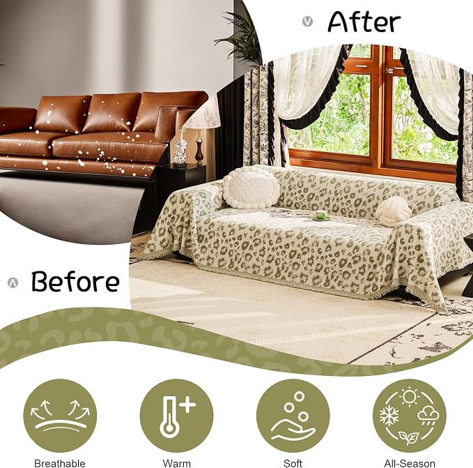VClife Bohemian Couch Cover, Large Leopard Couch Covers for Dog, Soft Animal Print Furniture Protector for Sofa Bed, 1 Piece Large Couch Cover for 2 Cushion Couch Sofa, Washable, Non-Pilling, Green