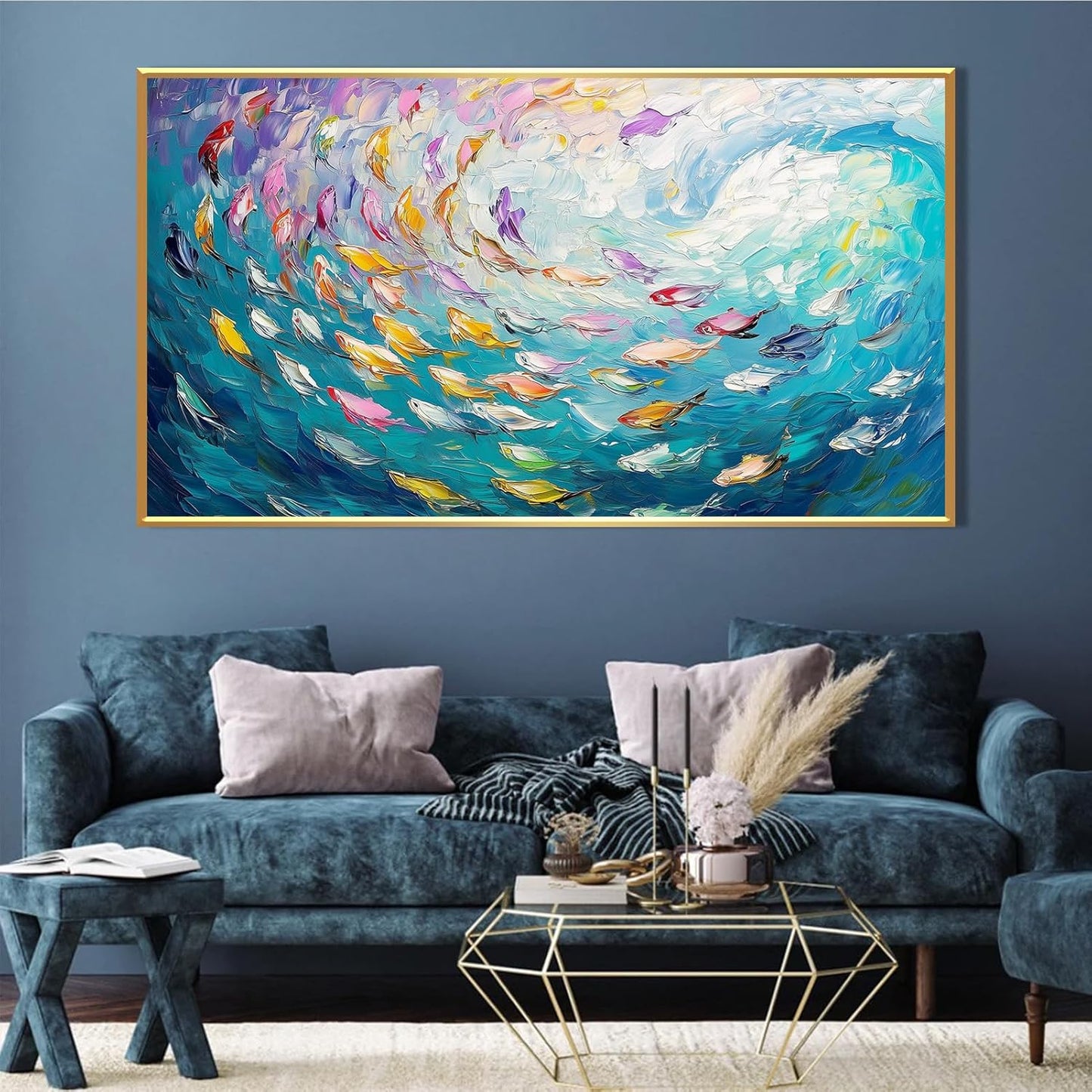 Fish Canvas Wall Art, Abstract School of Fish Canvas Wall Art, School of Fish Painting Canvas, School of Fish Wall Art, Fish Wall Decor, Fish Pictures Wall Decor, Bedroom Canvas Wall Decor (Gold Framed, 30"x17" | 76x43cm)