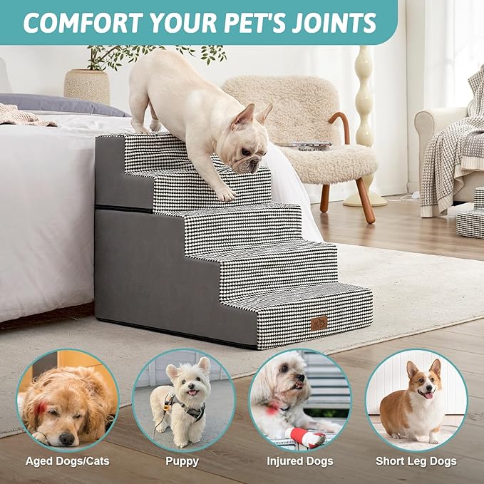 Dog Stairs for Small Dogs, 5 Tier Removable Wider Pet Stairs for Couch and Bed, 23.6" H Non-Slip Dog Steps for Puppies and Old Cats with Support Board, 19.7x29.5x23.6 inch, White Black