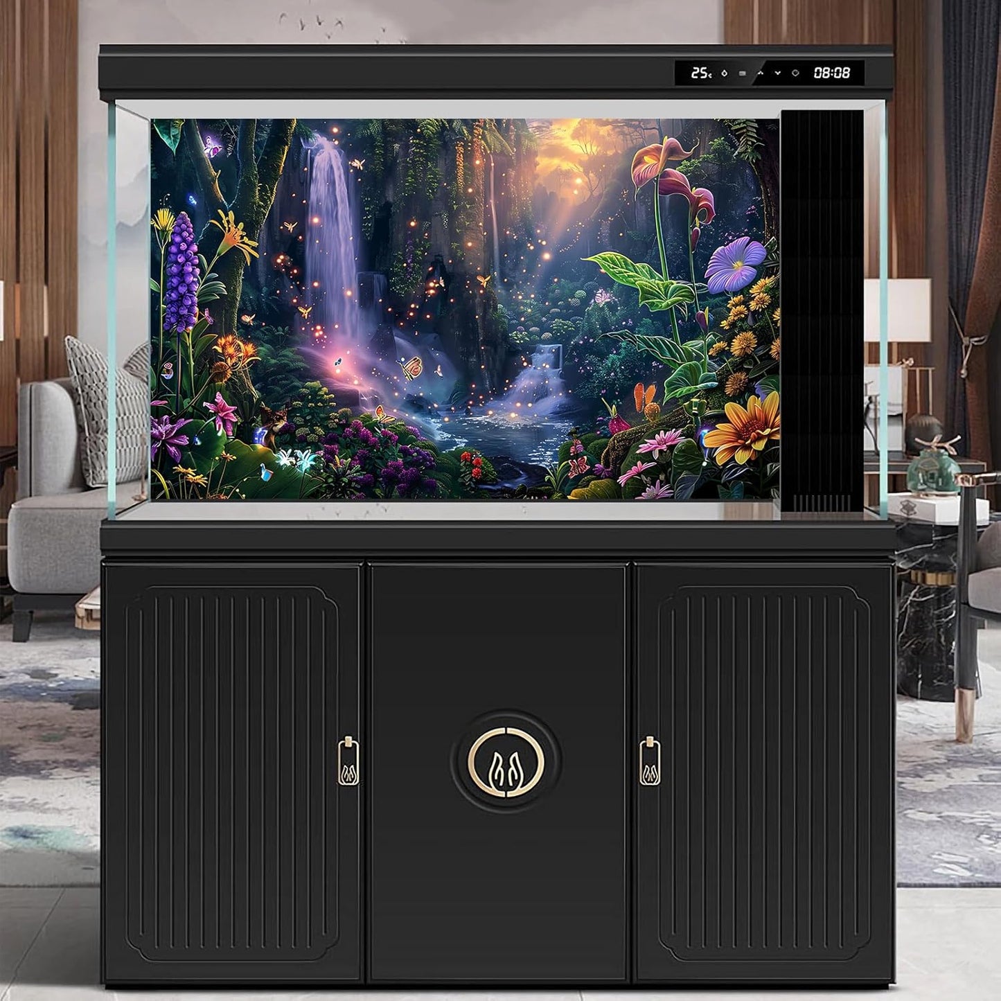 Fantasy Garden Aquarium Background Sunset Waterfall and Flowers Terrarium Backdrop Tropical Forest Lush Plant Magic Butterfly Lights Flowers Fish Tank Background Poster Decorations 72x24in