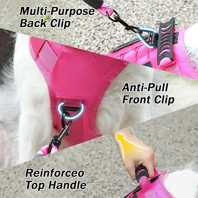 No Pull Tactical Dog Harness for Large Dogs, Service Dog Vest, XL, Pink | Tactical Dog Vest Harness and Leash Set, Adjustable Military Service Dog Harness with Handle for Medium Large Dogs