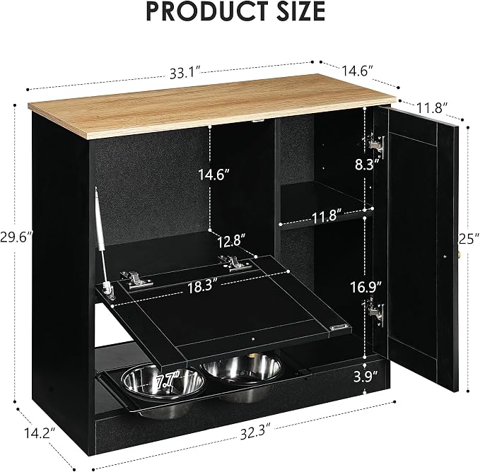 Feeding Station with 2 lockers, pet Feeding Station with 2 Elevated Dog Bowls, Side Hooks, Anti-Tipping kit, Hidden pet Feeding Station for Feeding and Watering, Rattan Door, Black