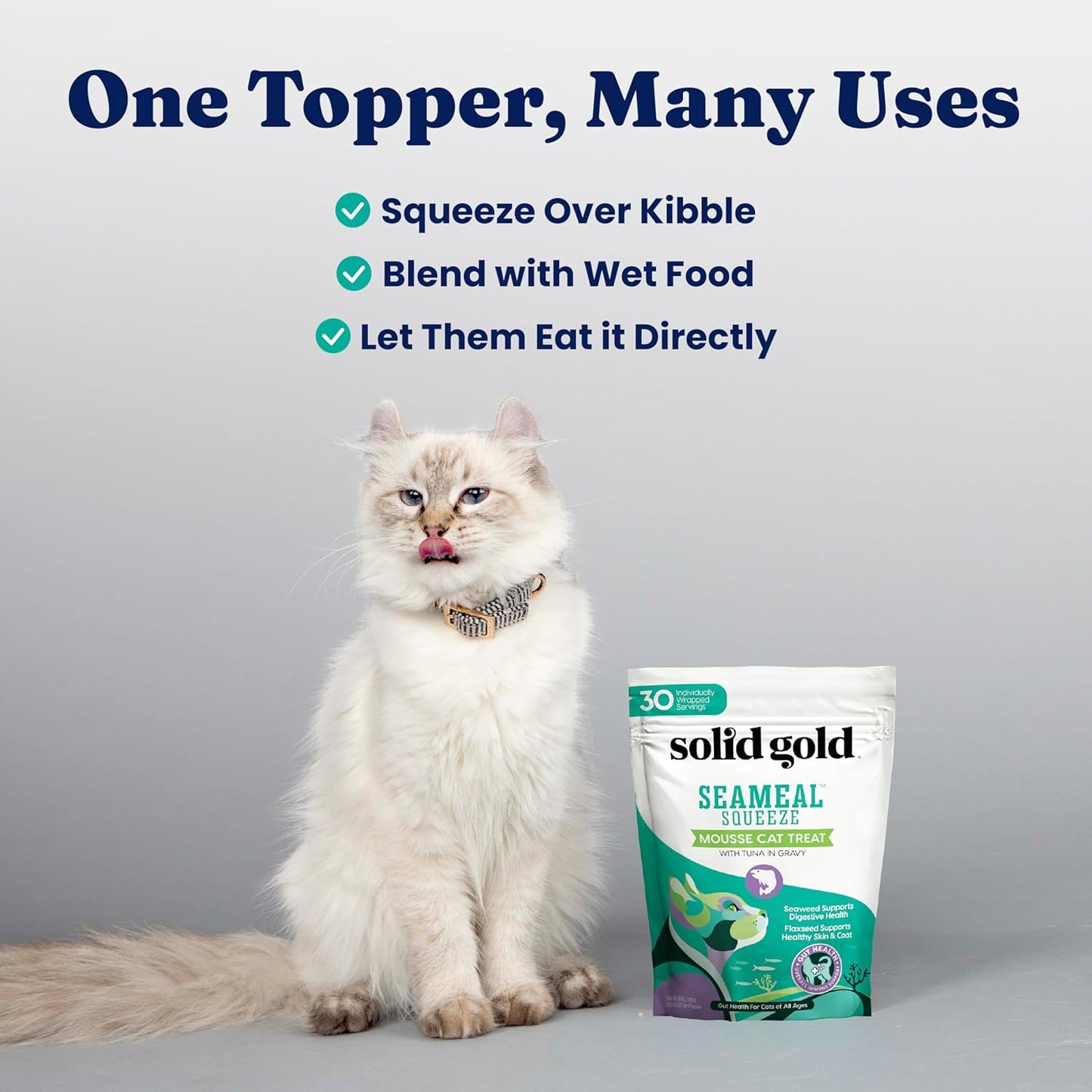 Solid Gold Lickable Cat Treats - Limited Ingredient Chicken SeaMeal™ Squeezable Healthy Cat Treats for Indoor Cats - Snack & Topper Squeeze Ups for Cats w/Seaweed for Gut & Immune Support - 3oz/30ct