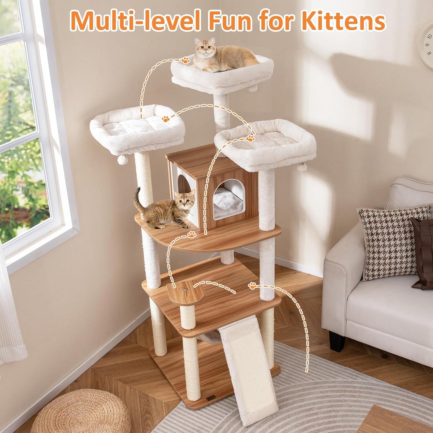 PETSITE 68 Inch Modern Tall Cat Tree for Indoor Cats, Multi-Level Wooden Cat Tree Tower with Sisal Scratching Posts, 3 Top Perches, Cat Condo, Comfy Hammock, Sisal Ramp, and Jingling Balls
