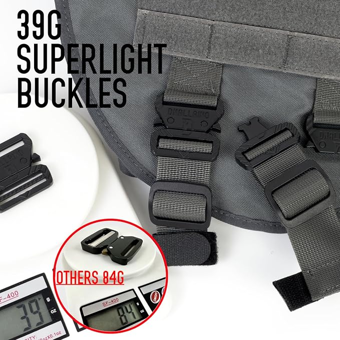 Service Dog Vest for Large Dogs, Grey Tactical Harness with Military MOLLE, Breathable Mesh & 39g Metal Buckle - Size M for Training & Hiking