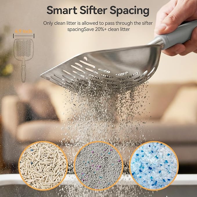 Cat Litter Scoop, Large Long Handle Kitty Metal Scooper | Heavy Duty Aluminum Deep Sifter, Ergonomic Non-Slip Grip, Rustproof Durable Poop Cleaner for Cat Litter Box