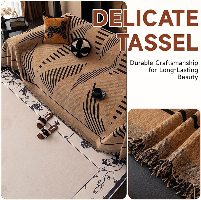 VClife Couch Cover Boho Style Sofa Cover for Dog, Modern Chenille Couch Cover for 3 Cushion Couch Sofa, Non Slip Brown Geometry Couch Protector with Tassel Sofa Slipcover Throw, 71"X134"