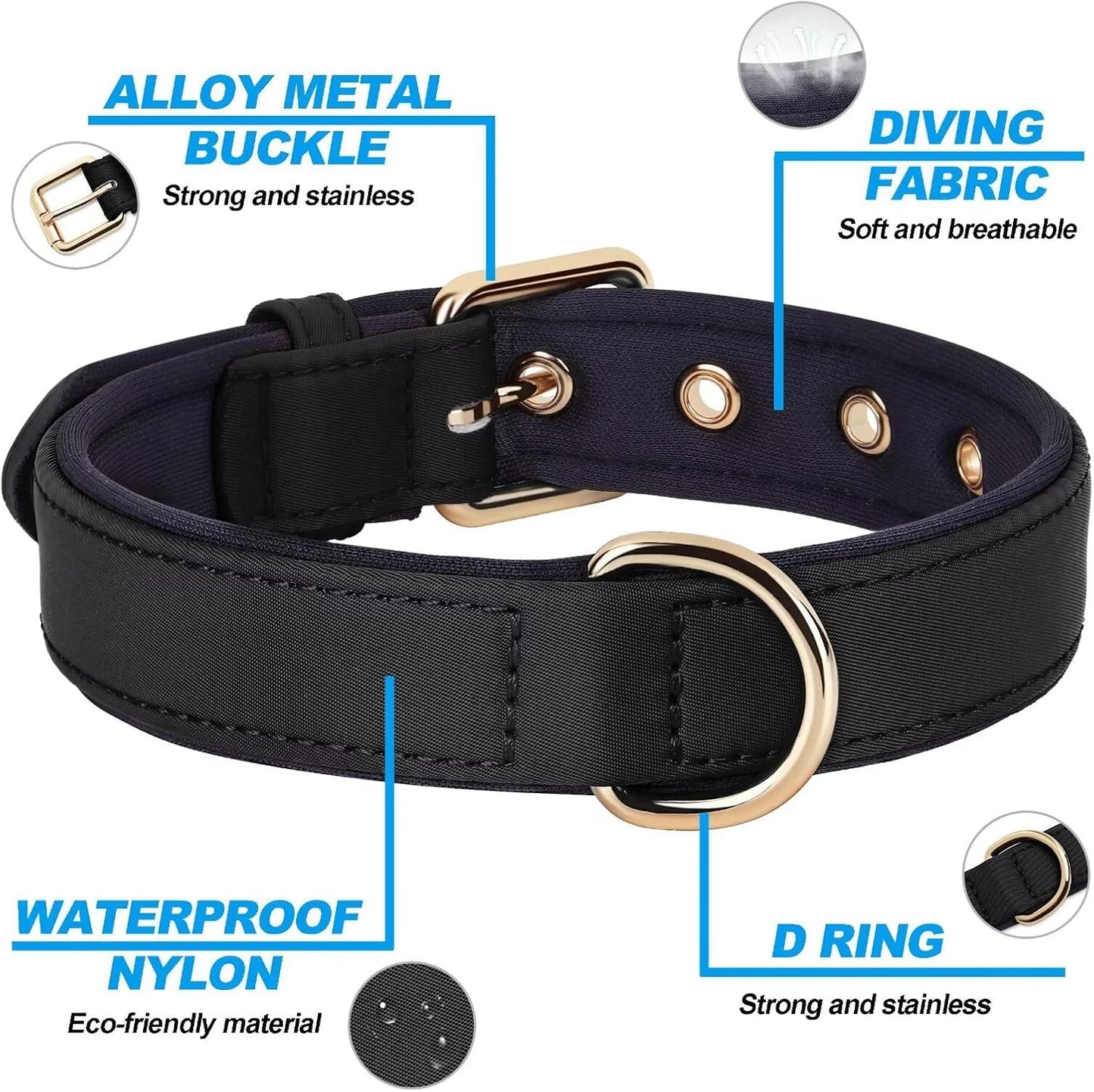 Didog Soft Padded Dog Collars for Medium Dogs, Lightweight and Breathable Dog Collar with Metal Buckle, Black, L