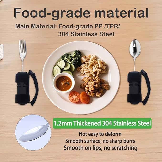 2 Pcs Adaptive Utensils Set with Spoon and Fork, Weighted Adaptive Utensils for Hand Tremors & Parkinson's & Weak Hand Grip with Non-Slip Grip,90° Angled Weighted Silverware for Arthritis