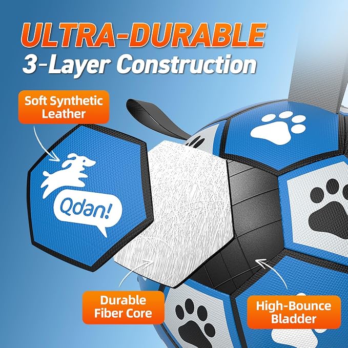 QDAN Extra Large Dog Toys Soccer Ball - Durable Dog Balls for Extra Large Dogs with Straps, Outdoor Dog Toys, Dog Water Toy, Herding Ball (9 Inch)