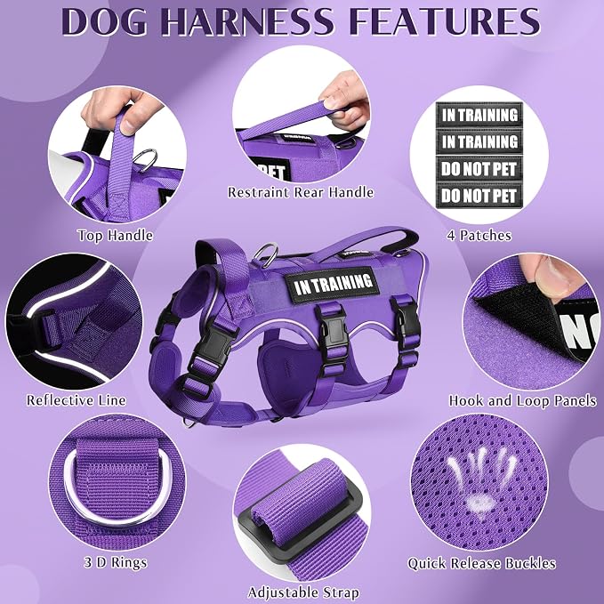 Escape Proof Dog Harness with Double Handle+4 Removable Patches | Service Working Molle Harness with Double Handle for Medium Dogs, Tactical Pet Reflective Vest for Walking Hiking Hunting