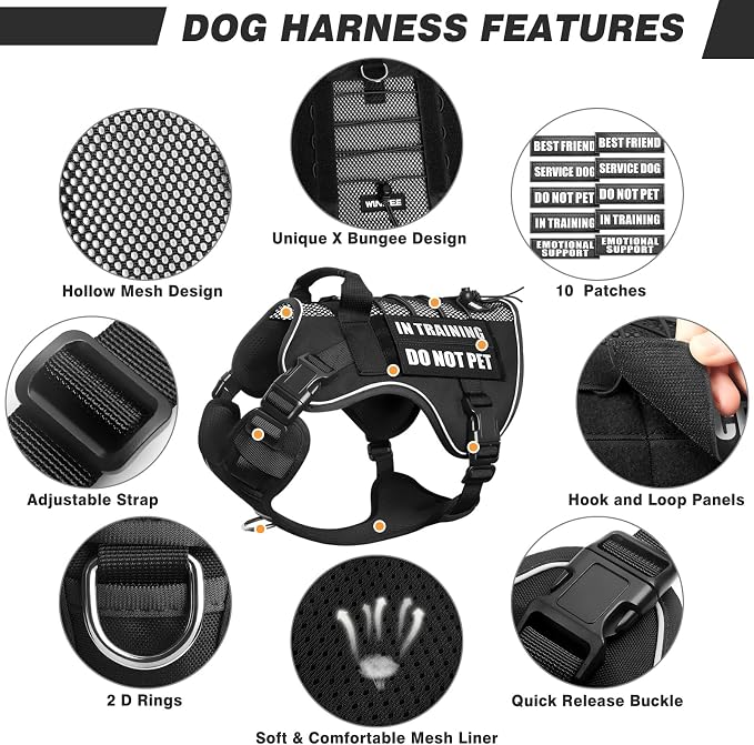 Service Dog in Training Mesh Harness with 10 Removale Pet Patches | Breathable material, adjustable straps, reflective trim, lightweight but durable, great for training, walks, and outings