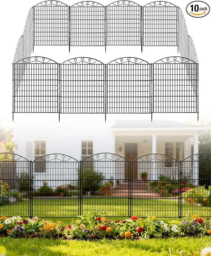 40in Tall 10-Panel Metal Garden Fence with Gate, No Dig Temporary Yard Fencing, Reusable Animal Barrier for Large Dogs & Garden Protection, Black