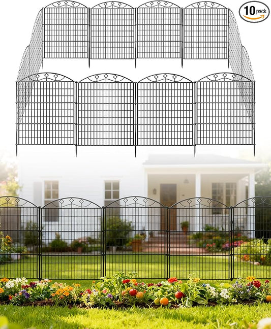 48in Extra Tall Garden Fence, 10-Panel Metal Animal Barrier, 24ft Long No Dig Temporary Fencing for Yard, Reusable Defense for Big Dogs & Privacy