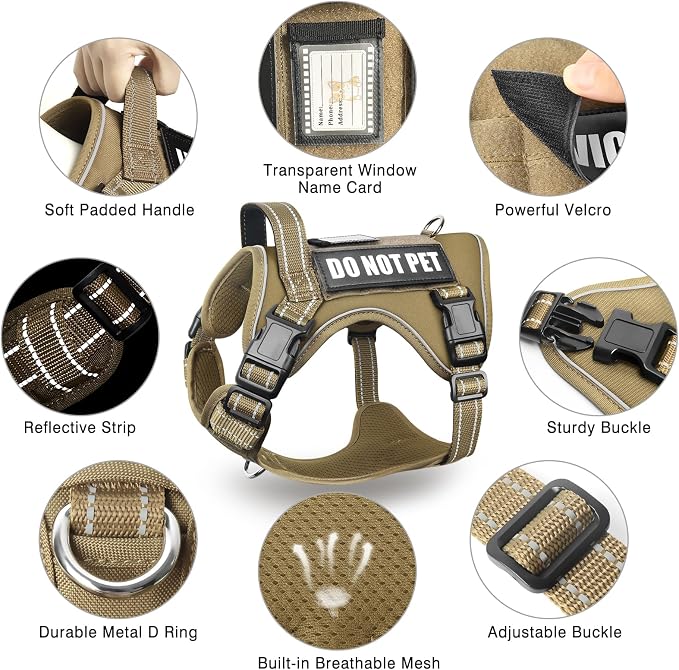 Tactical Dog Harness and Leash Set Medium Sized Dog+10 Dog Patches | Adjustable No Pull Service Animal Dog Vest with Dog Seat Belt,Padded Handles,Reflective Easy Walk for Training Hiking Brown M