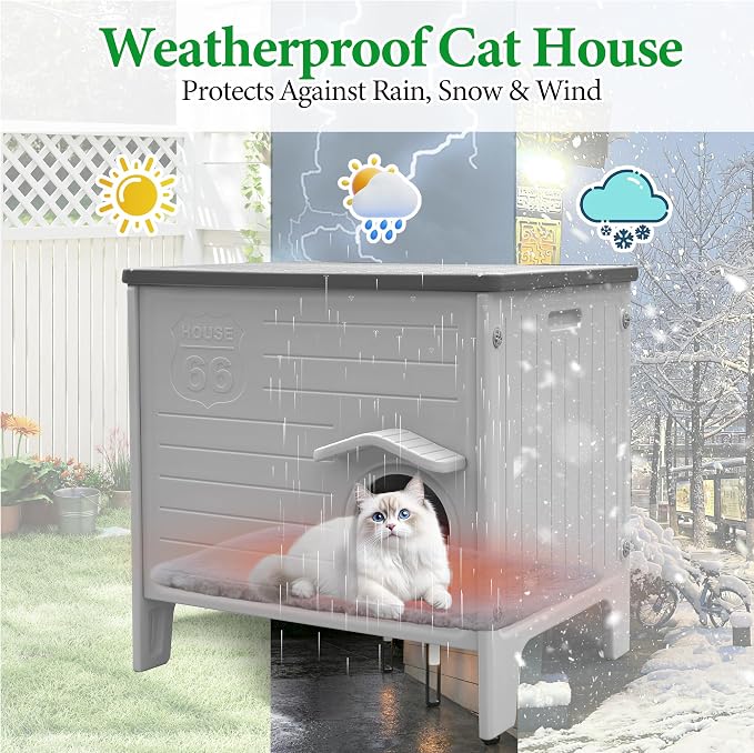 Cat House Outdoor with Cat Mat Large Weatherproof Plastic Cats Shelter | Weatherproof Cat House with Escape Door Indoor Waterproof Feral/Pet Cat Shelter Outside for Multiple Cats