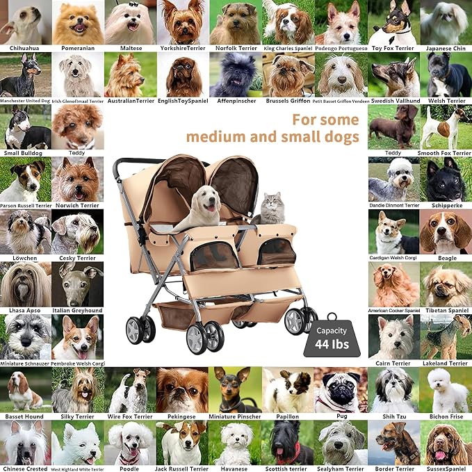 Double Pet Stroller for 2 Dogs & Cats, Side-by-Side, Beige | Foldable Two-Seater with Separate Cabins, 44 lb Capacity, Dual Baskets and Safety Tethers for Walks, Travel and Vet Visits