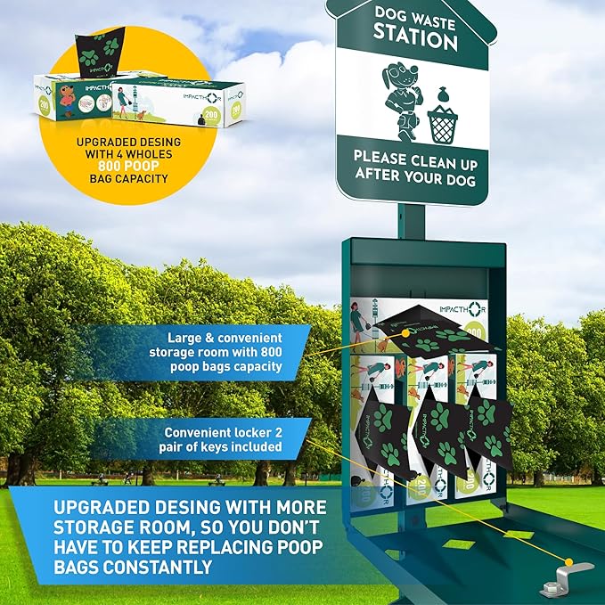 Dog Waste Station Outdoor Pet Waste Station- Desing With 4 Holes And 800 Dog Poop Bags, 50 Waste Can Liners, 3 Poop Bag Holders & 2 Set Of Keys, For Commercial Use, Parks, Condos & HOA