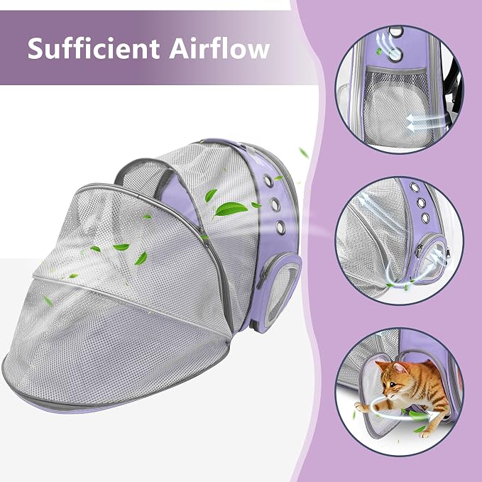 Expandable Cat Backpack Carrier, Breathable Clear Bubble Window Pet Carrier for Small Dogs and Cats up to 12 lbs, Airline Approved Travel Bag for Hiking and Outdoor Use (Back Expandable-Purple)