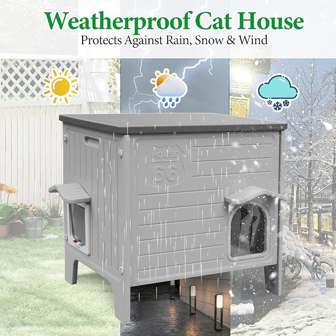 Outdoor Cat House Weatherpoof Large Plastic Cat Shelter Outside | with Escape Door Indoor Waterproof Feral/Pet Cat Houses for Multiple Cats (Grey)