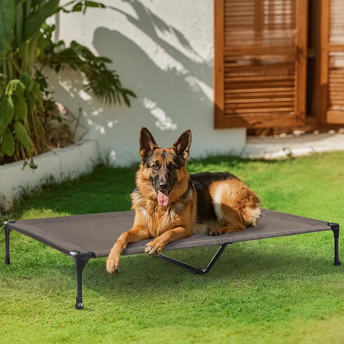 Veehoo Outdoor Elevated Dog Bed Large Sized Dogs, Cooling Raised Dog Cots | Off-ground training platform, portable camping hammock, breathable mesh, easy to clean, no-tool setup, 49"x33", Brown