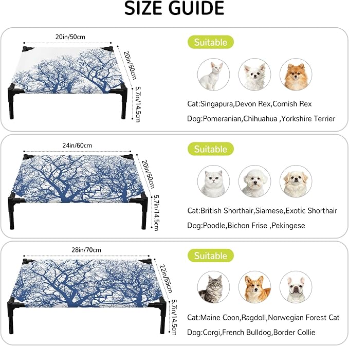 Outdoor Elevated Dog Bed for Large Dogs, Modern Tree Branches Breathable Cooling Raised Dog Cot for Indoor/Outdoor, Contemporary Sky Blue Botanical Waterproof Elevated Pet Beds, L 28 x 22 in