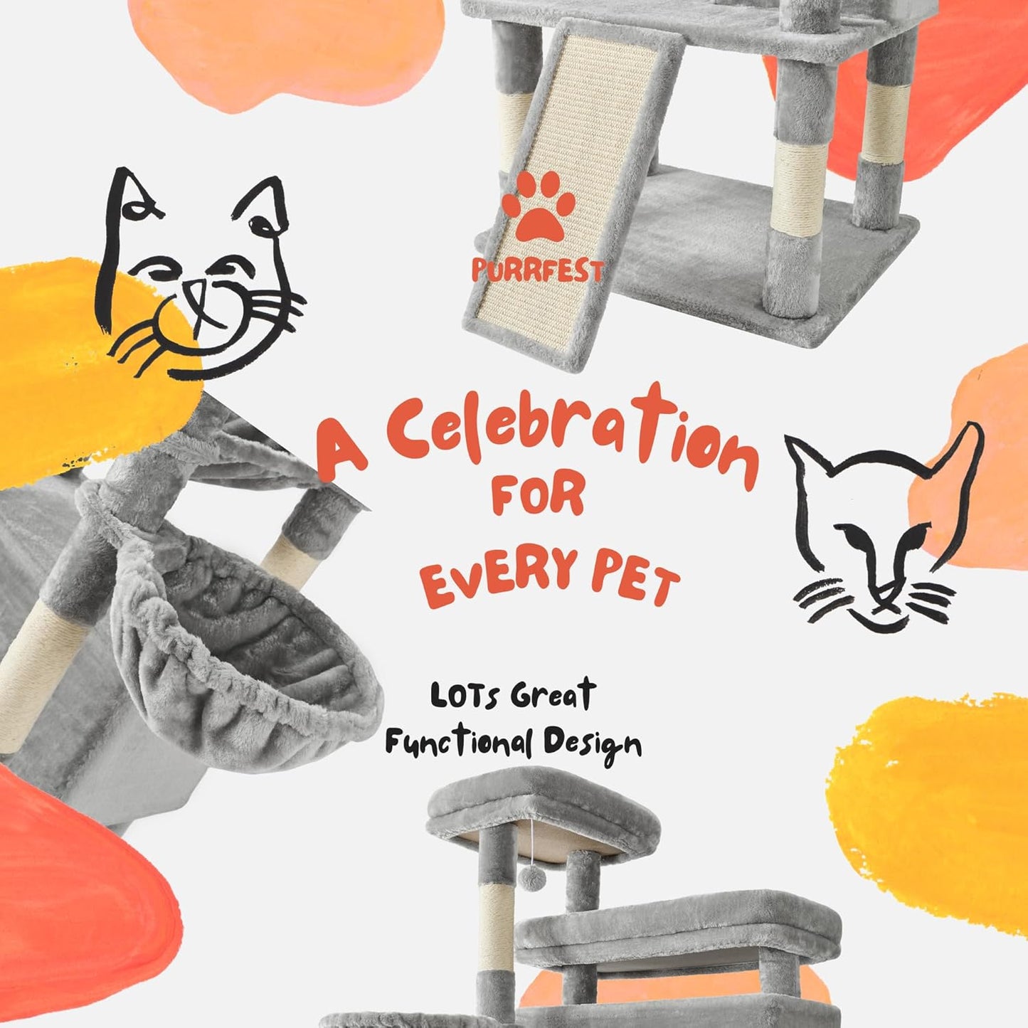 Cat Tree, 80-Inch Large Cat Tower with 9 Scratching Posts, 2 Perches, 2 Caves, 2 Basket, 2 Stairs, Extra Large Hammock, Pompoms, Multi-Level Plush Cat Condo for Indoor Cats/Light Grey