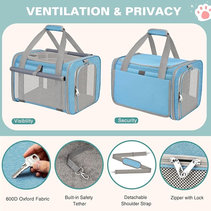 Soft Cat Carrier for Pets Up to 20 Lbs, Collapsible Cat Carrier Bag with Privacy Curtains, Airline Approved Small Pet Carrier for Small Medium Cats Dogs Puppy, Washable Soft Pet Travel Bag Dog Carrier