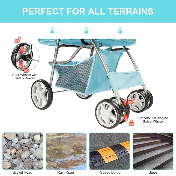 Pet Stroller for Small Dogs and CatsQuick-Folding Portable Travel Cat Dog Stroller with Storage Basket and Cup Holder, 4 Wheels, Light Blue