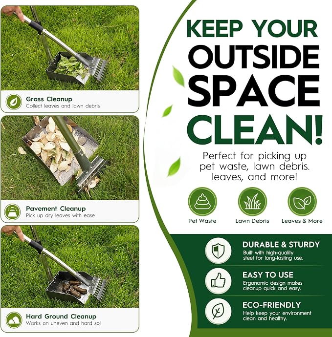 Long Handle Dog Pooper Scooper with Extension & Spare Poles, Stainless Steel Rustproof for Large Medium Dogs Yard Lawn | Ergonomic height adjustment, Four optional configurations, fits various grounds, easy to clean, free gloves & hook
