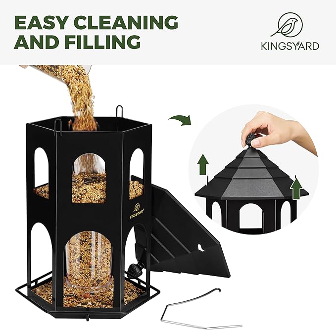 Kingsyard Metal Bird Feeder for Outdoor Hanging, Wild Bird Feeders with Circular Perch, Easy to Clean & Refill, 4 lbs Large Seed Capacity, Black