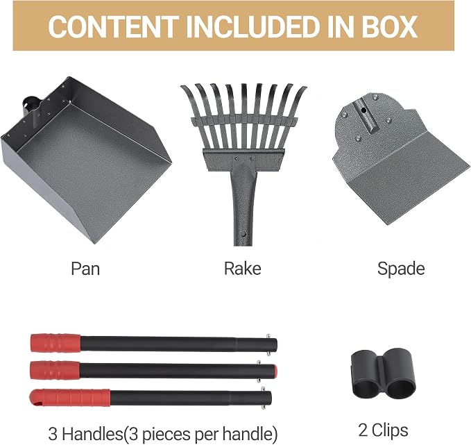 Dog Pooper Scooper, Dog Poop Tray and Rake Set with Long Stainless Handles | Pet Waste Removal Scoop with Adjustable Sectional Handles