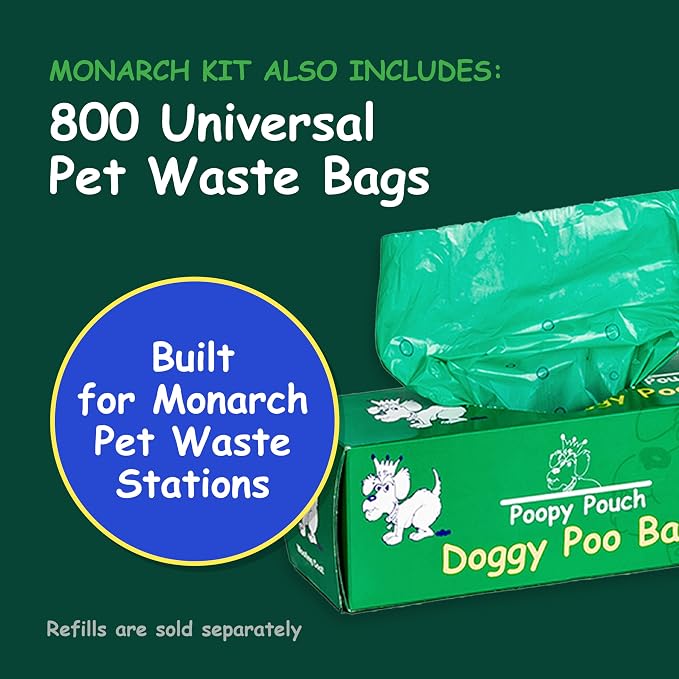 Monarch Pet Waste Station - 8ft Green Steel Dog Waste Station - Includes a Vandal-Resistant Locking Dispenser, 800 Universal Poop Bags, a 10gal Trash Receptacle w/Lid, & a 12"x18" Sign