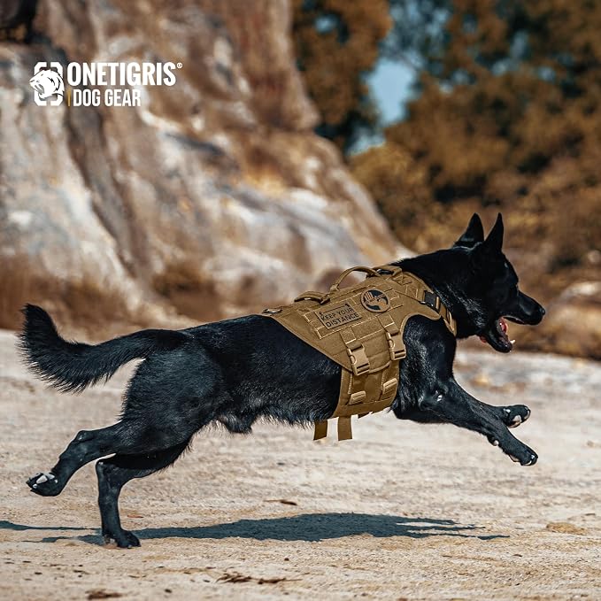 OneTigris Large Tactical Dog Harness, No Pulling Adjustable Dog Vest Harness, Heavy Duty Dog Harness with Handle, Large Hook and Loop Panels for Patch Brown