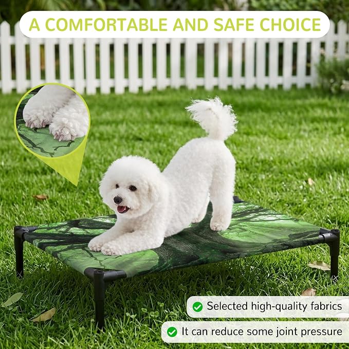Outdoor Elevated Dog Bed for Medium Dogs, Green Trees Breathable Cooling Raised Dog Cot for Indoor/Outdoor, Sunlight Forest Branches Nature Scenery Waterproof Elevated Pet Beds, M 24 x 20 in