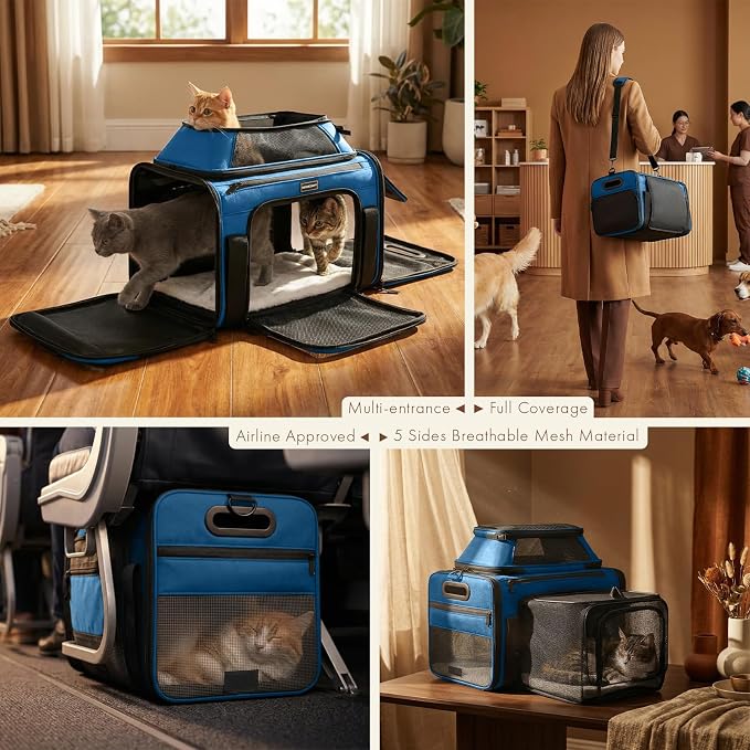 Top and Side Expandable Pet Carrier with Treat & Pet Window,18x13x9.5 Inch Southwest Frontier Airline Approved,Soft-Sided Dog Carrier for Small Dogs and Cats,Travel Cat Carrier with Self-Locking