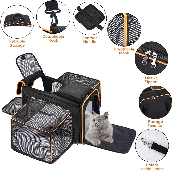 Pet Carrier, Large Soft Sided Expandable Travel Carrier with Steel Frame, Anti-Scratch Mesh, Removable Fleece Pad and Pockets for Cats, Dogs and Small Animals up to 15 lbs (Black, 4 Sides Expandable)