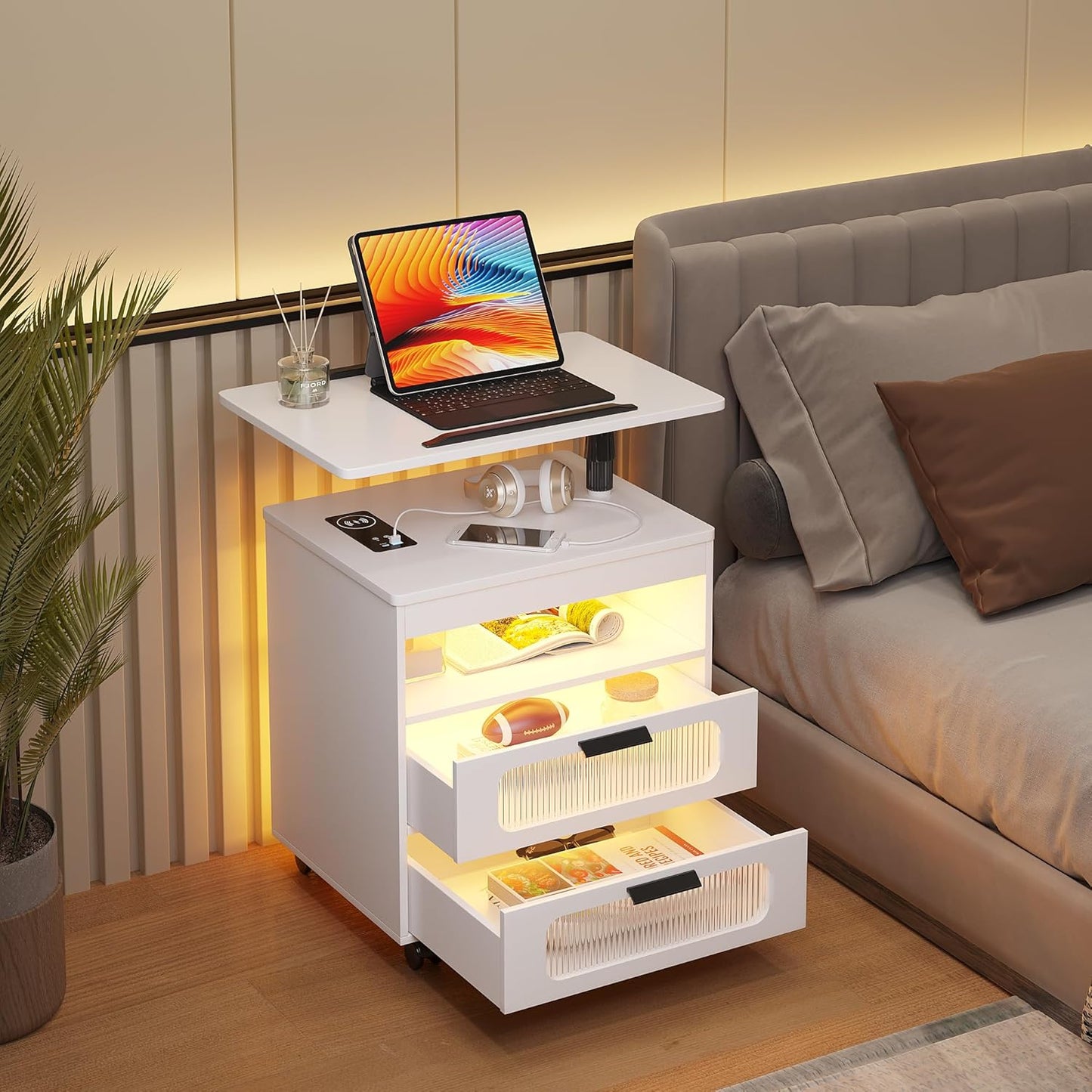 HNEBC Nightstand Set of 2, LED Nightstand with Wireless Charging Station/USB Ports,Smart Nightstand Has Adjustable Rotary Workstation with 2 Drawers,Modern Bedside Table for Bedroom Furniture(White)