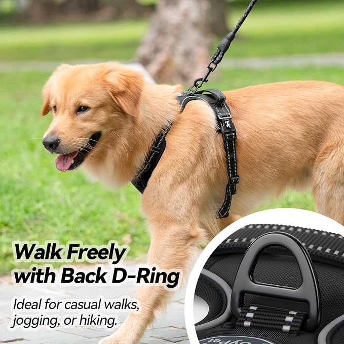 PoyPet No Pull Dog Harness Medium with Front Clip & Neck Release Buckle | No Choke, Adjustable Vest, Reflective, Back Clip, Lockable, Soft Padded, Easy Control Handle for Walking Training, M, Black