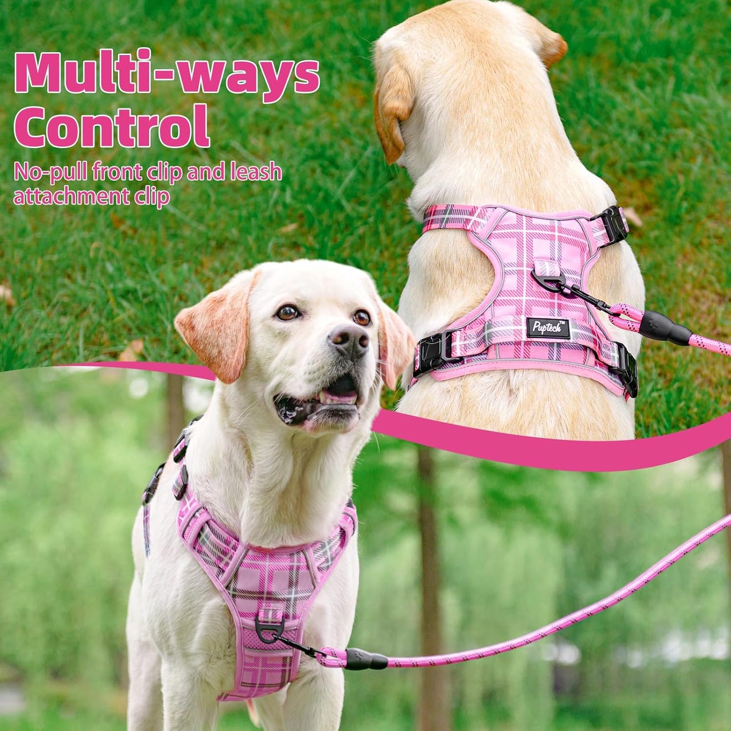 PUPTECK No Pull Dog Harness for Large, Adjustable Reflective Dog Harness with Handle Easy Control, Comfortable Soft Padded Pet Vest Harness for Large Dogs, Plaid Pink L