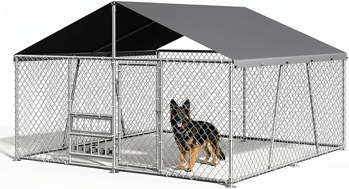 GarveeLife Outdoor Dog Kennel with Waterproof Cover, Dog Kennel Outside with Adjustable Bowls Feeder, Outdoor Dog Enclosure for Medium Large Dogs, 10ftx10ftx5.9ft
