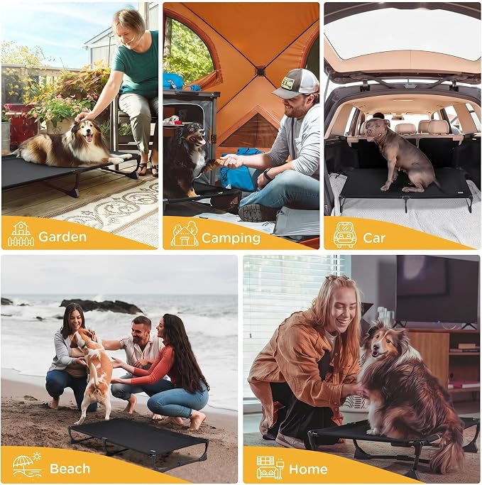 Upgraded Non-Slip Daisy Cot, Large Foldable Elevated Dog Bed, Portable Raised Outdoor Folding Dog Cot for Camping/Home, Chew Proof Waterproof Heavy Duty Up to 160 Lbs, Black, 43"x27"