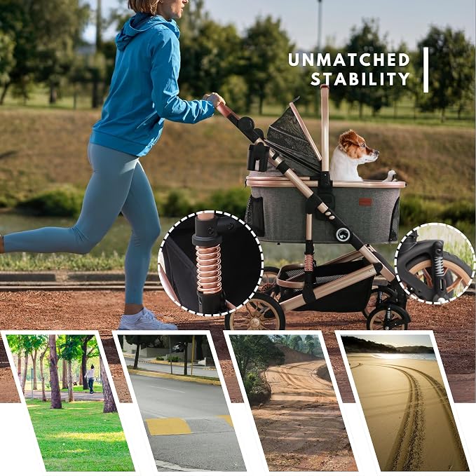 Bicystar Dog Stroller with Detachable Carrier, Rubber Wheels, 50 lbs, Grey | 3-in-1 stroller and car seat, real solid rubber wheels, fits 2 small or 1 medium pet, foldable frame