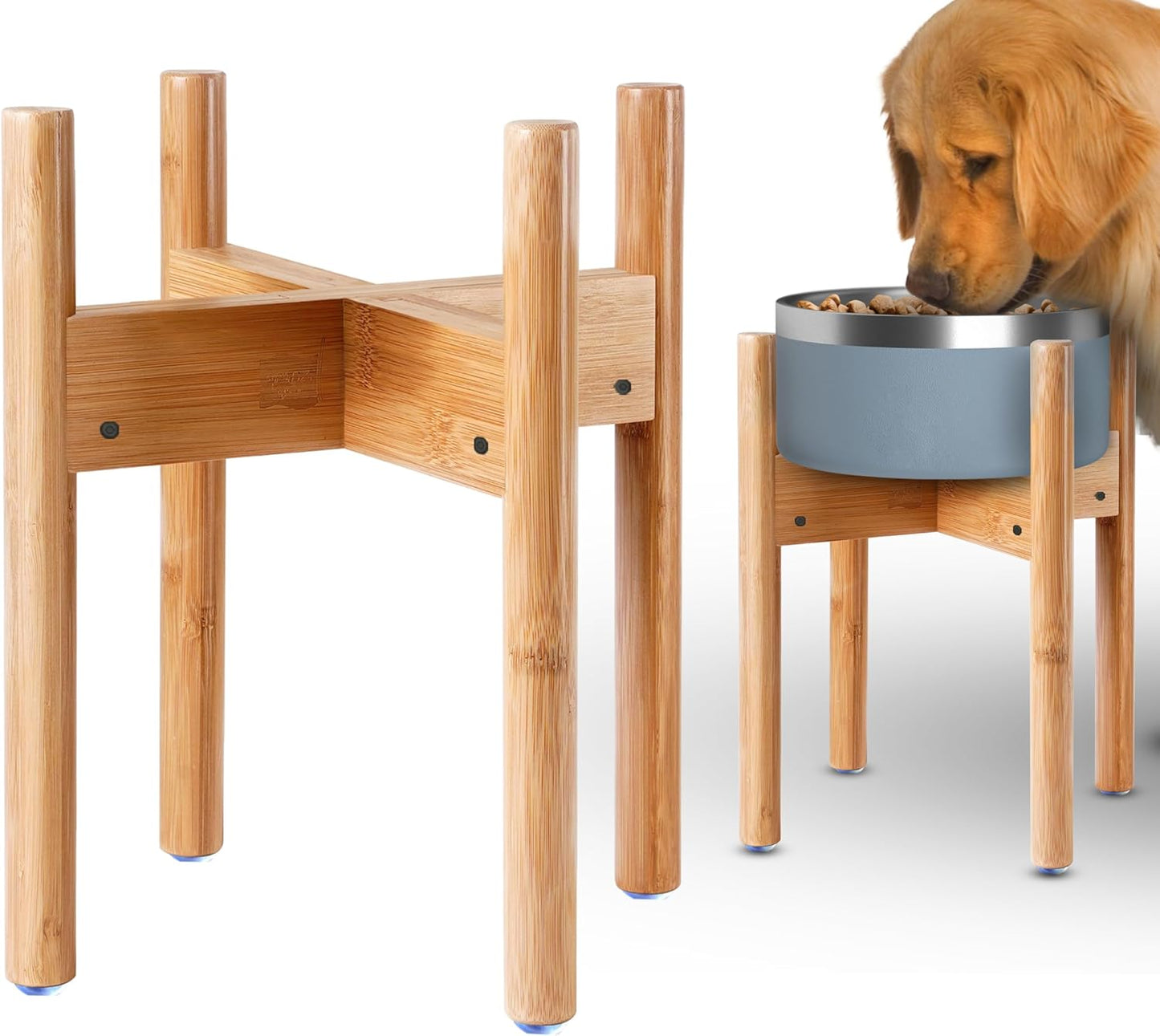 Dog Bowl Stand for Large Breed - 14-inch High, Adjustable Sideways to Fit Various Sizes of Pet Food/Water Bowls, Slow Feeders, and Drink Fountains - Bamboo