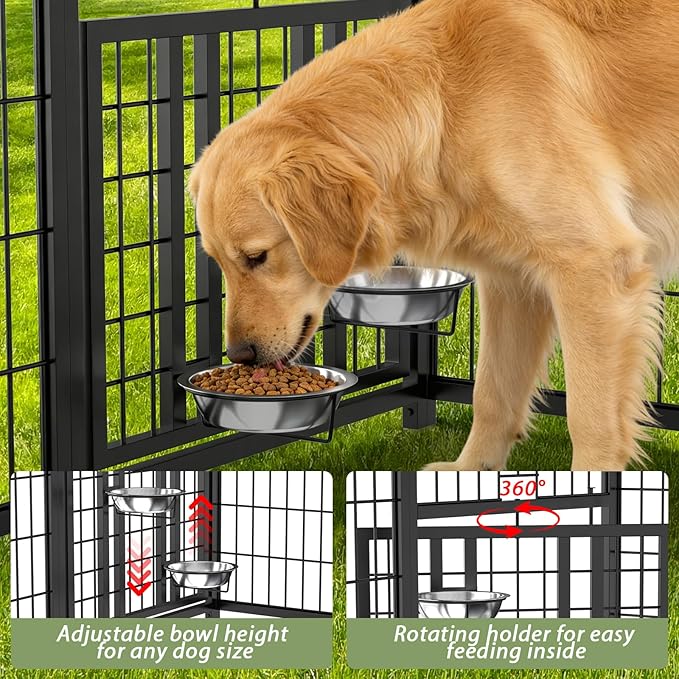 LOVMOR 16' x 10' Outdoor Dog Kennel with Roof for Large Dogs | Heavy duty steel frame, waterproof canopy, double latch door, adjustable feeding bowls for yards and patios