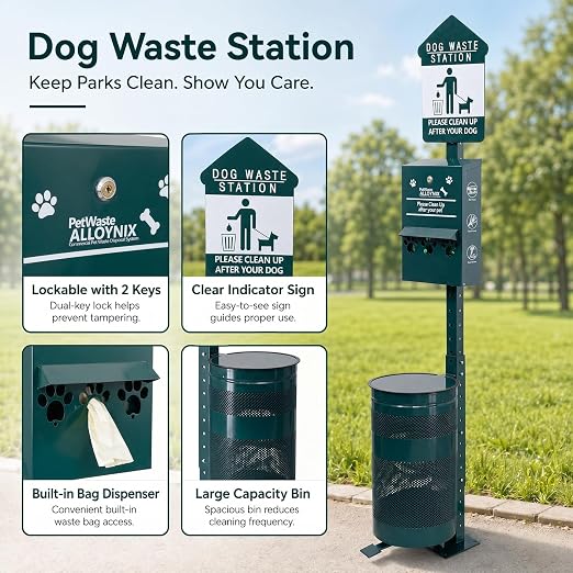 Dog Waste Station - Durable Dog Poop Trash Can Outside, 10-Gallon Capacity with Lid, Pet Waste Station for Parks, Yards & Public Spaces