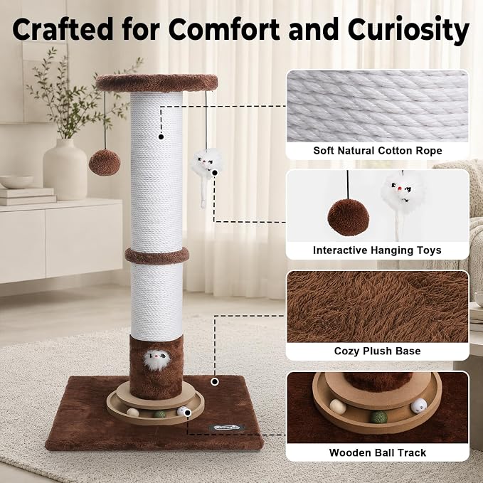 35-Inch Tall Cat Scratching Post, Stable Base for Large Cats, Brown | Heavy-Duty, Soft Natural Cotton Rope Cat Scratcher, Interactive Cat Toys, Wooden Ball Track, for Kittens and Indoor Cats