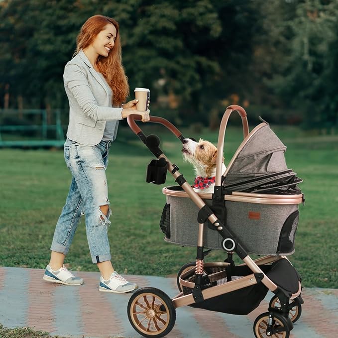 Bicystar Dog Stroller with Detachable Carrier, Rubber Wheels, 50 lbs, Grey | 3-in-1 stroller and car seat, real solid rubber wheels, fits 2 small or 1 medium pet, foldable frame