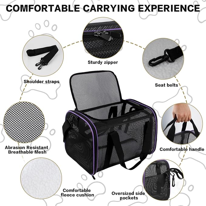 Cat Carrier, Soft-Sided Pet Carrier Bag, Breathable Mesh, Black (Purple, 17 * 11 * 11)