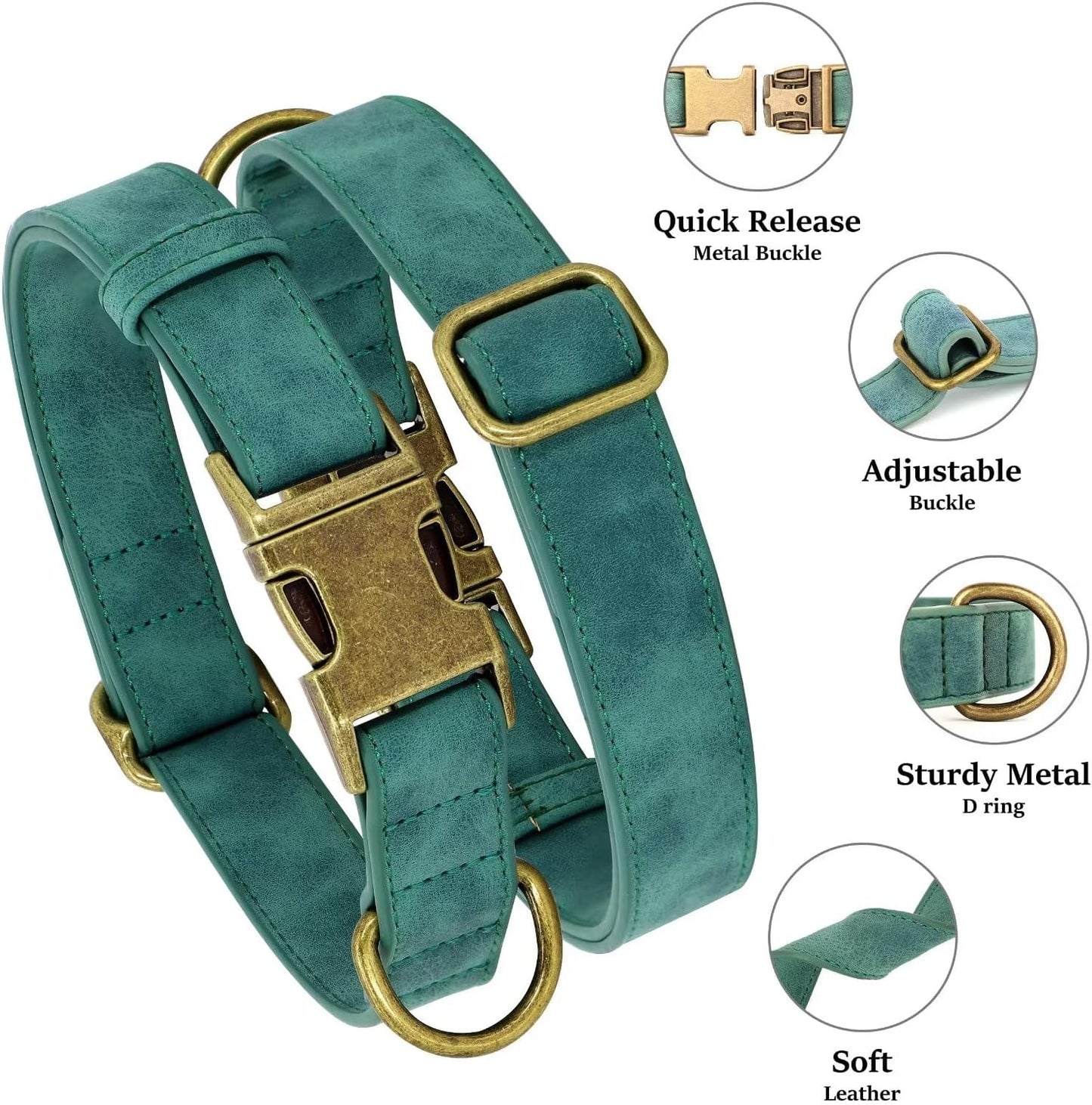Didog Soft PU Leather Dog Collar, Stylish Quick Released Dog Collar for Large Dogs, Easy Clean Adjustable Pet Collar for Daily Walking, Green, L Fit 15-23" Neck